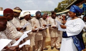 Oke-Ero council’s elected councillors being sworn-in by the chairperson, Hajia Aminat Yusuf at Ilofa, recently