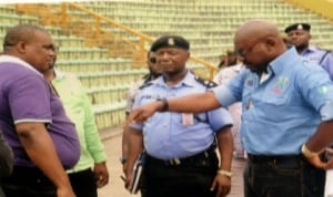 Director-General, Rivers State Tourism Development Agency,  Mr Sam Dede (right), chatting with Dr Harry Agiriye (left), during the Route Appraisal for 2013 CARNIRIV at Liberation Stadium, Elekahia, Port Harcourt last Wednesday. With them is Divisional Police Officer of Abua Police Station, Mr Uche Chukwuma (middle). Photo: Nuieh Donatus Ken