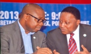 Representative of the Governor of Rivers State and Secretary to the State Government,  Mr. George Feyii (right), with chairman of the occasion and Executive Director/CEO, RSSDA, Dr Noble Pepple, during the commemoration of the International Day of Persons Liviing with Disabblities in Port Harcourt, recently. Photo: Chris  Monyanaga