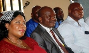 L-R: President of NULGE in Enugu State, Comrade Lofa Aneke, outgoing Chairman, Udenu Local Government Area of Enugu State, Dr Godwin Abonyi and PDP Chairman, Udenu LGA, Chief Emma Chima, during a send  off/church service for the Chairman at Udenu, Enugu State, yesterday.