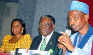 L-R: Vice President, Corporate Resources and Media, Nigerian Society of Engineers (NSE), Mrs Valeric Agberagba, Vice President, Professional Development, Mr Otis Anyaeji and National President, Mr Mustafa Shehu, at the News Conference on the International Engineering and Annual General Meeting in Abuja last Friday.