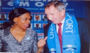 Deputy Managing Director, Total E&P Nigeria Limited, Mr. Nicolas Bruner (right), with Chairman, Governing Board of Institute of Petroleum Studies, Univesity of Port Harcourt, Mrs Edith Ofili-Okonkwo, during the 10th induction/anniversary ceremony of the institute in Port Harcourt, recently. Photo: Obina Prince Dele