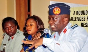 L-R: Representative of the Commanding Officer, Defence Headquarters Medical Centre, Col. Confort Dosumu, Administrative Officer, Abuja Operation Office, nema, Mrs Chinwe Opara and  Director, Research and Rescue, Air Commodore Charles Otegbade, at the round table discussion on challenges facing emergency medical response in the Abuja,  yesterday. Photo: NAN