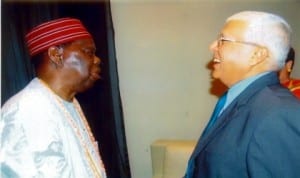 Renowned Accountant, Senator David Dafinone (left), welcoming outgoing Managing Partner, Horwath Dafinone (Chartered Accountants), Mr. Praveen Bhasin, during a cocktail party to honour Bhasin and usher-in the new management team in Lagos last Friday. Photo: NAN