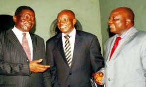 Representative of the District Superintendent (West and Central Africa), the Apostolic Faith Church, Rev. Gabriel Ajayi, Overseer, Port Harcourt Regional, Rev. Edet Bassey and Director of Worship (West And Central Africa), Rev. Festus Oyeniyi, at the 2013 Apostolic Faith Church's Regional Camp meeting in Port Harcourt recently