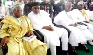 L-R: Former Minister of National Planning, Dr Shamsuddeen Usman, Gov. Murtala Nyako of Adamawa State,  Acting Governor of Taraba State, Alhaji Umar Garba and former Vice President, Alhaji Atiku Abubakar, at the Second North-East Economic Summit in Gombe, recently.