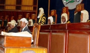 Chief Justice of Nigeria, Justice Aloma Mukhtar (3rd right), swearing in new Senior Advocates of Nigeria in Abuja, recently