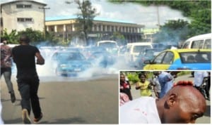 People running from teargas fired by policemen. Inset: A wounded passer-by holding his head amidst the commotion.