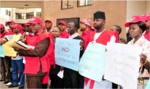 NUPENG and PENGASAN members protesting over proposed privatisation of Nigerian refineries in Abuja, yesterday