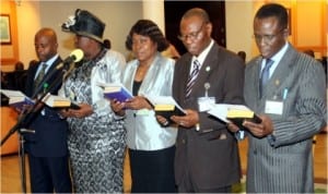 Cross-section of newly appointed Permanent Secretaries taking oath of office during their swearing-in ceremony in Government House, Port Harcourt, last Wednesday.