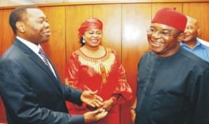 L-R: President, International Civil Aviation Organisation (Icao), Dr Olumuyiwa Aliu, Minister of Aviation, Stella Oduah and Senate President David Mark, during the Icao President's visit to the Senate President in Abuja last Friday. Photo: NAN