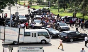 Police vehicles barricading the state Assembly Complex.