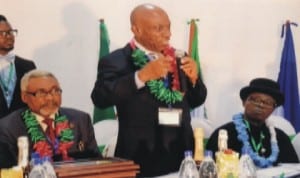 Chairman, Association of Justices of the Peace, Rivers State chapter, Deacon G.S Bereweriso (middle), addressing participants, during the 4th Annual General Assembly in Port Harcourt last Wednesday. With him are the Secretary, Alabo Dr Silas J. N. Okansin (left) and chairman of the occassion, Elder Osorollor Gomba.