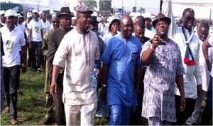 Rivers State Deputy Governor, Engr Tele Ikuru (right) with Chairman, House of Representatives Committee on Petroleum Downstream, Hon. Dakuku Peterside (3rd left), Chairman, Rivers State Caucus, National Assembly, Rep Honourable Asita (middle) and member representing Etche/Omuma Federal Constituency, Hon. Ogbonna Nwuke (2nd left), during the inauguration of the Save Rivers Forum, in Eleme, yesterday.