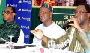L-R: Minister of Industry, Trade and Investment, Dr Olusegun Aganga, Minister of State, Dr Samuel Ortom and Deputy President, Nigerian Guild of Editors, Mr Steve Ayorinde, at the close of the 3rd Annual Seminar for Trade and Investment Correspondents and Editors in Abuja last Saturday. Photo: NAN