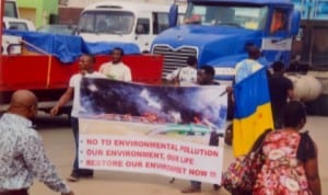 Members of the Movement for the Survival of Ogoni People (MOSOP), protesting against the non-implementation of UNEP Report on Ogoniland by the Federal Government in Port Harcourt last Tuesday    Photo: Chris Monyanaga