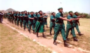 The Tide staff, Roseline Wosu (2nd left), with newly commissioned officers of the Nigeria Legion, Rivers State Command, Zone A, on parade, during the passing out ceremony and inauguration at Deeper Life High School Sports Complex, Port Harcourt last Saturday.