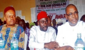 L-R: Chairman of PDP, Oji River Local Government Area of Enugu State, Chief Pius Azor, representative of Enugu State Government, Mr Ezenwukwa Ikechukwu and member representing Oji River at Enugu State House of Assembly, Chief Don Uzogbado, during legislative Constituency meeting in Enugu, recently.