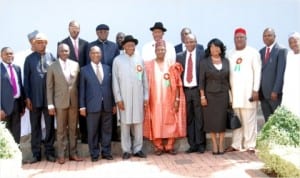President Goodluck Jonathan (5th left), Vice-President Namadi Sambo (6th left), Secretary to the Government of the Federation, Senator Anyim Pius Anyim (3rd right) and members of the NDDC board after their inauguration at the Presidential Villa in Abuja last Monday.