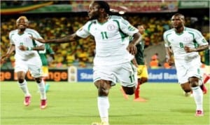 Super Eagles’ Victor Moses (11) leading celebrations against the Walya Antelopes of Ethiopia during the 2014 World Cup African final leg play off in Calabar, in October