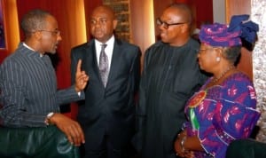 L-R: Cbn Governor, Malam Sanusi Lamido Sanusi, Deputy Governor, Mr Kingsley Moghalu, Governor Peter Obi of Anambra State and Minister of Finance, Dr Ngozi Okonjo-Iweala, at a meeting of the Economic Management Team in Abuja last Monday. Photo: NAN