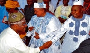 L-R: Governor  Abiola Ajimobi of Oyo State, Alafin of Oyo, Oba Lamidi Adeyemi 111 and Aare Musulumi of Yorubaland, Alhaji Abdulazeez  Arisekola-alao, at a reception to mark Governor Ajimobi's 64th birthday in Ibadan last Monday. Photo: NAN