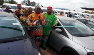Governor  Peter Obi of Anambra State and Deputy Governor, Mr Emeka Sibeudu, inaugurating vehicles donated to Heads of Administration and directors in the State's local government councils in Awka recently.