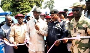 L-R: Representative  of Enugu State Commissioner for Works, Mr Maurice Ngwu, Federal Road Safety Commission (FRSC), Enugu Sector Commander, Mr Funmibi Olawoyin, Enugu State Commissioner for Transport, Mr Chukwuka Utazi, Nigeria Security Civil Defence Corps (NSCDC) Enugu State Commander, Mr Nathaniel Ubong and representative of Commander, 82 Division Garrison, Lt.Col. Salisu Adamu, during the launch of FRSC Enugu Sector Command end of year patrol activities in Enugu last Thursday