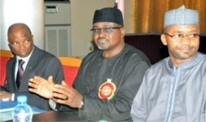 L-R: Permanent Secretary, Ministry of Mines and Steel Development, Mr John Jegede, Minister, Mr Musa Sada and Chairman, House Committee on Solid Minerals, Rep. Isa Hassan, at the Media Round Table on  review of Ministry of Mines and Steel Development Road-map in Abuja last Monday.