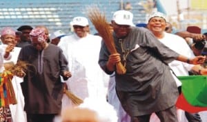 L-R: Former Governor of Lagos State, Asiwaju Bola Tinubu, Former Head of State, General Muhammadu Buhari, Governor Chibuike Amaechi of Rivers State and Interim Rivers Chairman of APC, Mr Davis Ibiamu, at the APC sensitisation rally in Port Harcourt, last Monday.