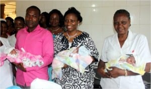Dame Judith Amaechi wife of Rivers State Governor, with a set of Triplet delivered on Christmas Day at the University of Port Harcourt Teaching Hospital (UPTH), Choba.
