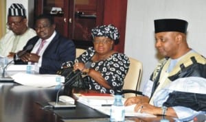 L-R: Minister of State for Trade and Investment, Mr Sam Ortom, Director, Legal Drafting, Ministry of Justice, Mr Tahir Aminu, Minister of Finance, Dr Ngozi Okonjo-Iweala and Vice President Namadi Sambo, at a meeting of the National Council on Privatisation at the Presidential Villa in Abuja, recently.