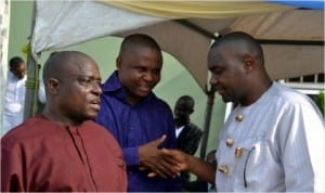 Senator representing Rivers South-East Senatorial District in the Senate, Senator Magnus Abe (right), with Rivers State Commissioner for Works, Chief Victor Giadom (left) and Executive Chairman, Gokana Local Government Area, Hon. Ledee Demua, during and interactive session with youths of the Senatorial District in Bori, recently.