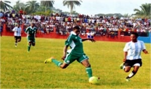 Action recorded during the Gokana United Versus Super Eagles friendly match following inauguration of the Gokana Central Stadium, first stadium to be built by a Local Government Council in Nigeria. Photo: Chris Monyanaga