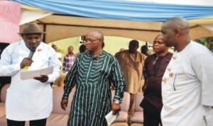 L-R: Director of RSSDA, Mr Armstrong Amorro, reading out names of the Senatorial Graduate Skill beneficiaries, Chairman of the occasion and Rector of Rivers State Polytechnic, Obiako Worlu Elechi, Hon Legborsi Nwidadah and Senator Magnus Abe at the 3rd interactive session for youth/students of the Rivers South East Senatorial District and official opening of the Senator’s Constituency office at Bori last Sunday. Photo: Chris Monyanaga