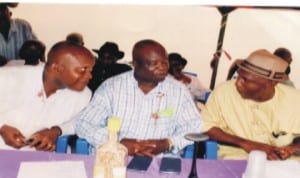 President, Orugbum Development Council, Dr Cyprian Oparaodu (left), with Secretary, Rebisi Council of Chiefs, Chief Christopher Wonodi (right), during the sendforth ceremony organised by the body at Ogbunabali Civic Centre, Port Harcourt, recently. With them is former Permanent Secretary , Chief Tony Wokekoro. Photo: Obinna Prince Dele