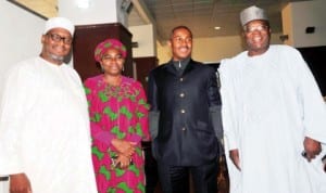 L-R: Former Governor of Bauchi State, Senator Adamu Muazu; Minister of Water Resources, Mrs Sarah Ochekpe; Executive Secretary, Nigerian Christian Pilgrims Commission, Mr Johnkennedy Opara and Commissioner, National Salaries, Incomes and Wages Commission, Ambassador Abdullahi  Bage, during arrival of the last batch of Christian pilgrims in Abuja, last Friday. Photo: NAN