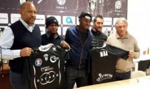 Sunday Mba (3rd right) being unveiled by Bastia at the weekend