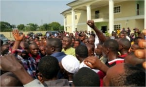 Senator Magnus Abe (arrowed), addressing some Ogoni youths shortly after the 21st Anniversary celebration of Ogoni Day in Bori, Rivers State.