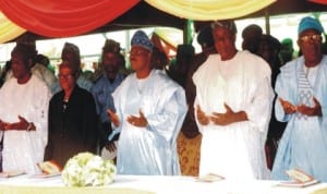 L-R: Majority Leader, Oyo State House of Assembly, Mr Oyeniyi Akande, Chief Judge of Oyo State, Justice Badejoko Adeniji, Governor Abiola Ajimobi, the deputy, Otunba Moses Adeyemo, and Chairman, Oyo State All Progressives Congress, Chief Akin Oke, at the inter-religious prayer session to usher in 2014 in Ibadan last Monday. Photo: NAN