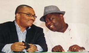 General Manager, Rivers State Newspaper Corporation, Mr Celestine Ogolo (left) listening to his Rivers State Television counterpart, Mr Tonye Ekong, during a press conference by the Commissioner for Information and Communications over the bombings in Rivers State, at the Ministry of Justice Hall, last Monday.Photo: Chris Monyanaga.