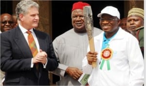 L-R: British High Commissioner to Nigeria, Dr Andrew Pocock; Secretary to the Government of the Federation, Sen. Anyim Pius Anyim; President |Goodluck Jonathan and Minister of Special Duties, Alhaji Tanimu Turaki, during the arrival of torch of the 20th Commonwealth Games, Glasgow 2014 in Abuja on Monday.