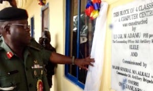 Out going Commander, 34 Brigade, Maj.-Gen. Modibbo Alkali, inaugurating a class Room Block and ITC Centre at Eleme Army Barracks in Rivers State, yesterday. Photo:NAN