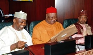 Head of Civil Service, Bukar Goni Aji, Secretary to the Government of the Federation, Anyim Pius Anyim and Vice President Namadi Sambo, at the  Federal Executive Council Meeting in Abuja last Wednesday. 