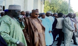 Governor Kashim Shettima of Borno (middle), accompanied by other officials inspecting the Chad Basin Development Authority Bump Station in New Marte in Maiduguri last Tuesday. Photo: NAN