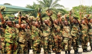 JTF members at a farewell parade for the outgoing JTF Operation Pulo Shield Commander, Maj.-Gen. Bata Debiro in Port Harcourt on Wednesday. 