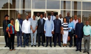 Rivers State Governor, Rt. Hon. Chibuike Amaechi (middle) in a group photograph with members of Rivers State House of Assembly shortly after the signing of 2014 Budget in Government House, Port Harcourt last Wednesday. Photo: NAN