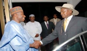 President Goodluck Jonathan (left) welcoming President Yoweri Museveni of Uganda to the Presidential Villa in Abuja, recently.