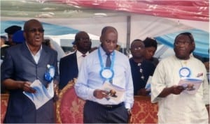 Rivers State Governor, Rt Hon Chibuike Amaechi,(middle), Head of Civil Service, Barrister Samuel LongJohn (left), and Chairman Civil Service Commission, Sir Ngo Martyns-Yellowe at the prayer/ dedication service of Rivers State Civil Service in Port Harcourt, last Wednesday. Photo Chris Monynanga