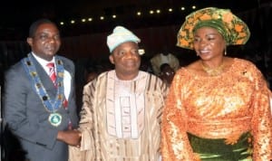 From Left: NSE President and Chairman in Council, Mr Ademola Olorunfemi, Ondo State Deputy Governor, Alhaji Ali Adelusi and his wife, Bejide during the inauguration of the 29th National President of Nigerian Society of Engineers (NSE) in Abuja last Saturday. Photo: NAN